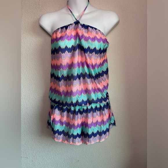 Victoria’s Secret Multi Color Chevron Stripe Halter Tie Shorts Romper Coverup S - Picture 2 of 9